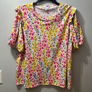 Crown & Ivy Pink & Yellow Floral Blouse w Ruffle Sleeve, Women's Size XXL